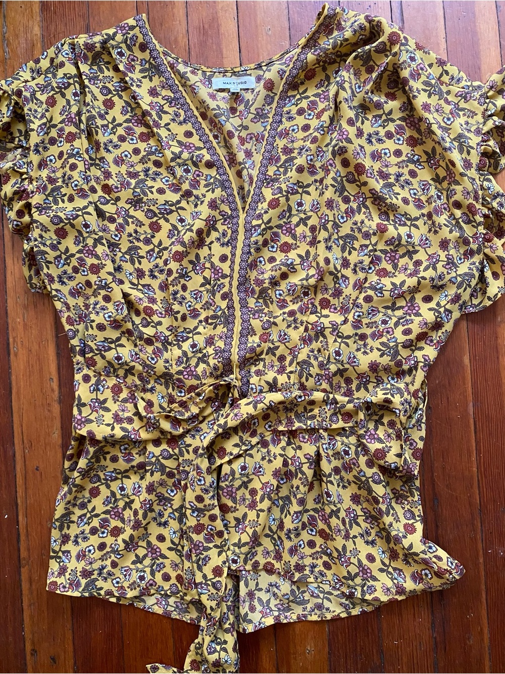 Max Studio Floral Tie-Waist Blouse yellow
